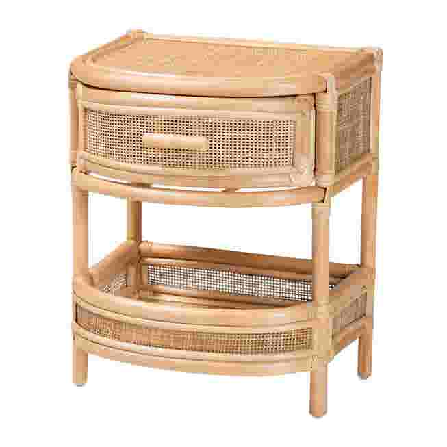 Natural rattan nightstand with a drawer and open shelf.