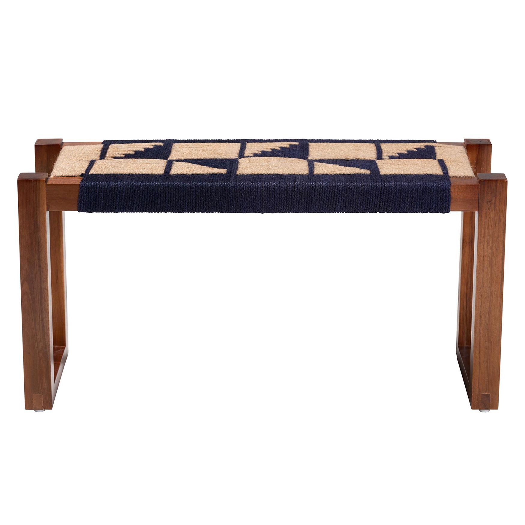 Jerilyn Modern Bohemian Two-Tone Navy Blue and Natura Brown Seagrass and Acacia Wood Accent Bench, , on-hover image number 1