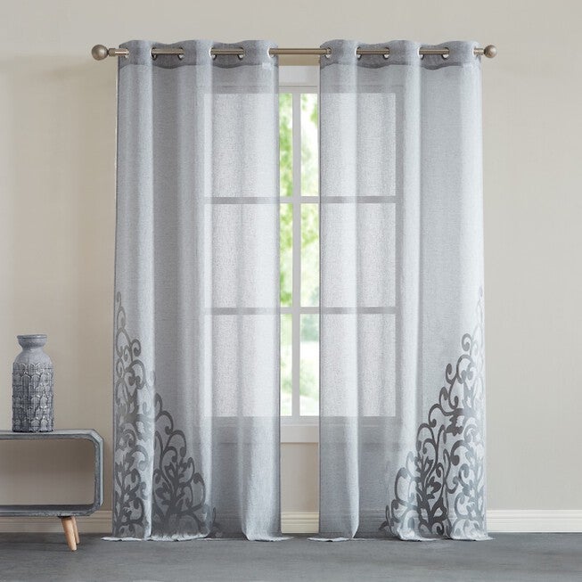 Natalie Semi Sheer Scroll Grommet Panel Pair, SILVER, hi-res image number null