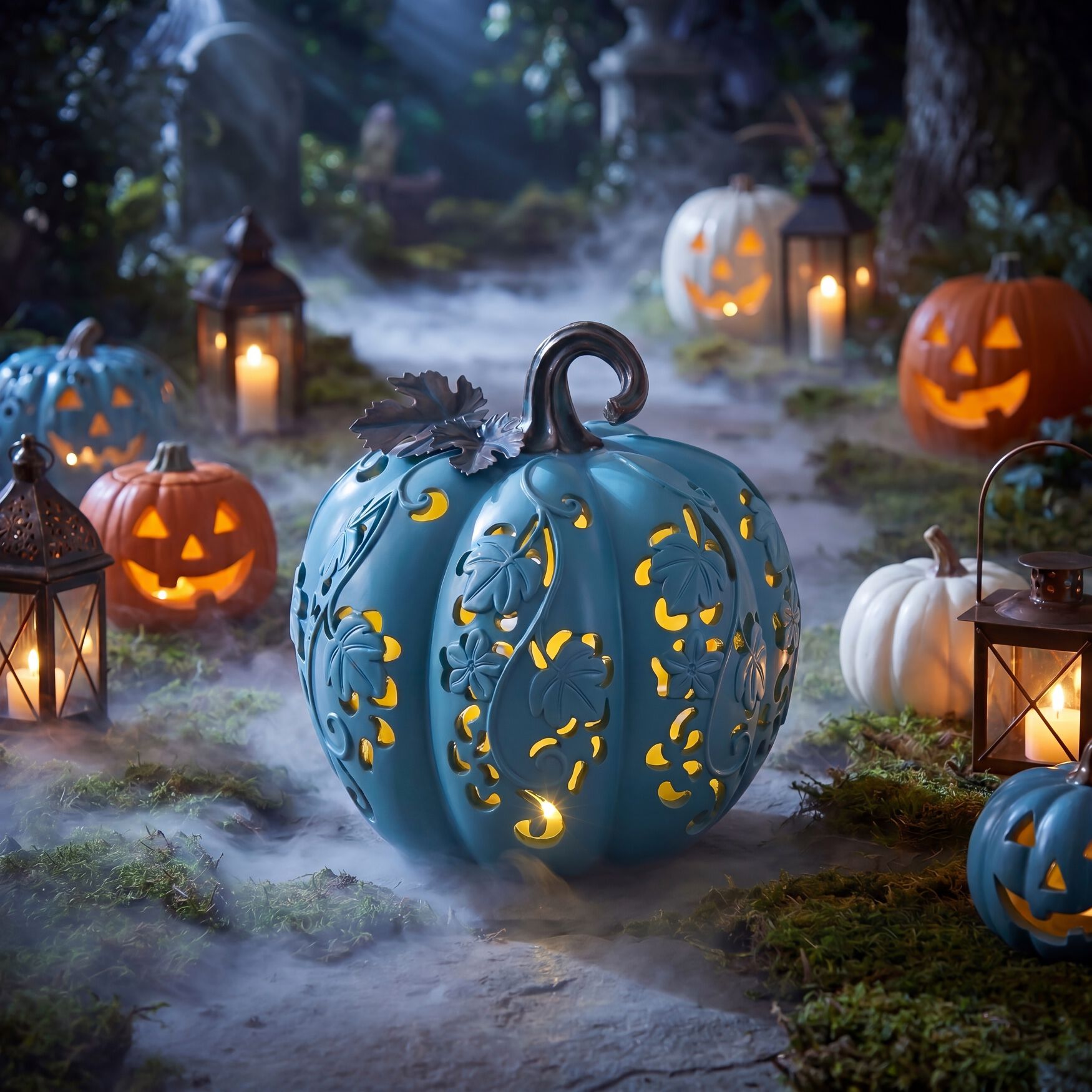 Pre-Lit Carved Resin Pumpkin, BLUE, alternate image number 2