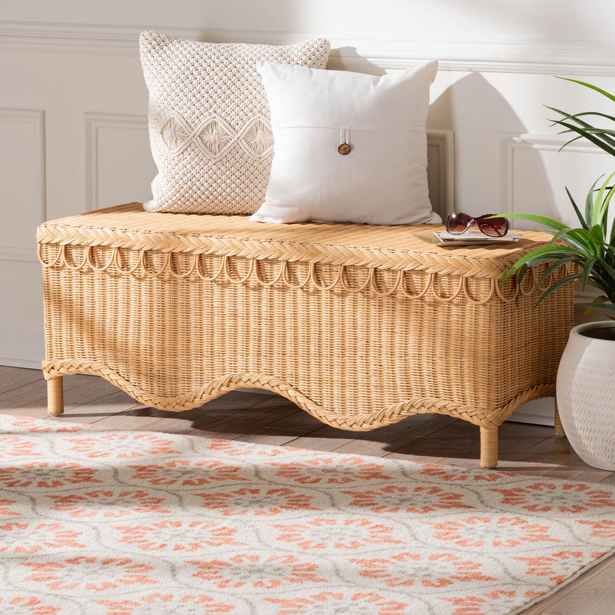 Erla Bohemian Light Honey Rattan Accent Bench with Scallop border, HONEY, hi-res image number 0