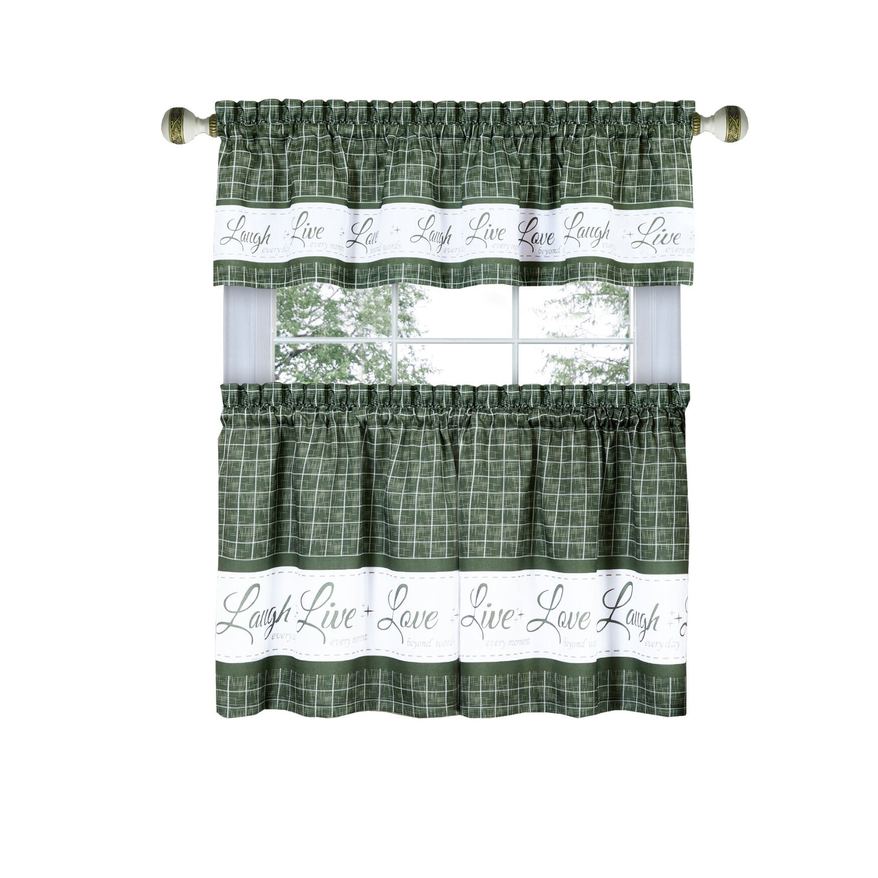 Live, Love, Laugh Window Curtain Tier Pair and Valance Set - 58x36, GREEN, hi-res image number 0