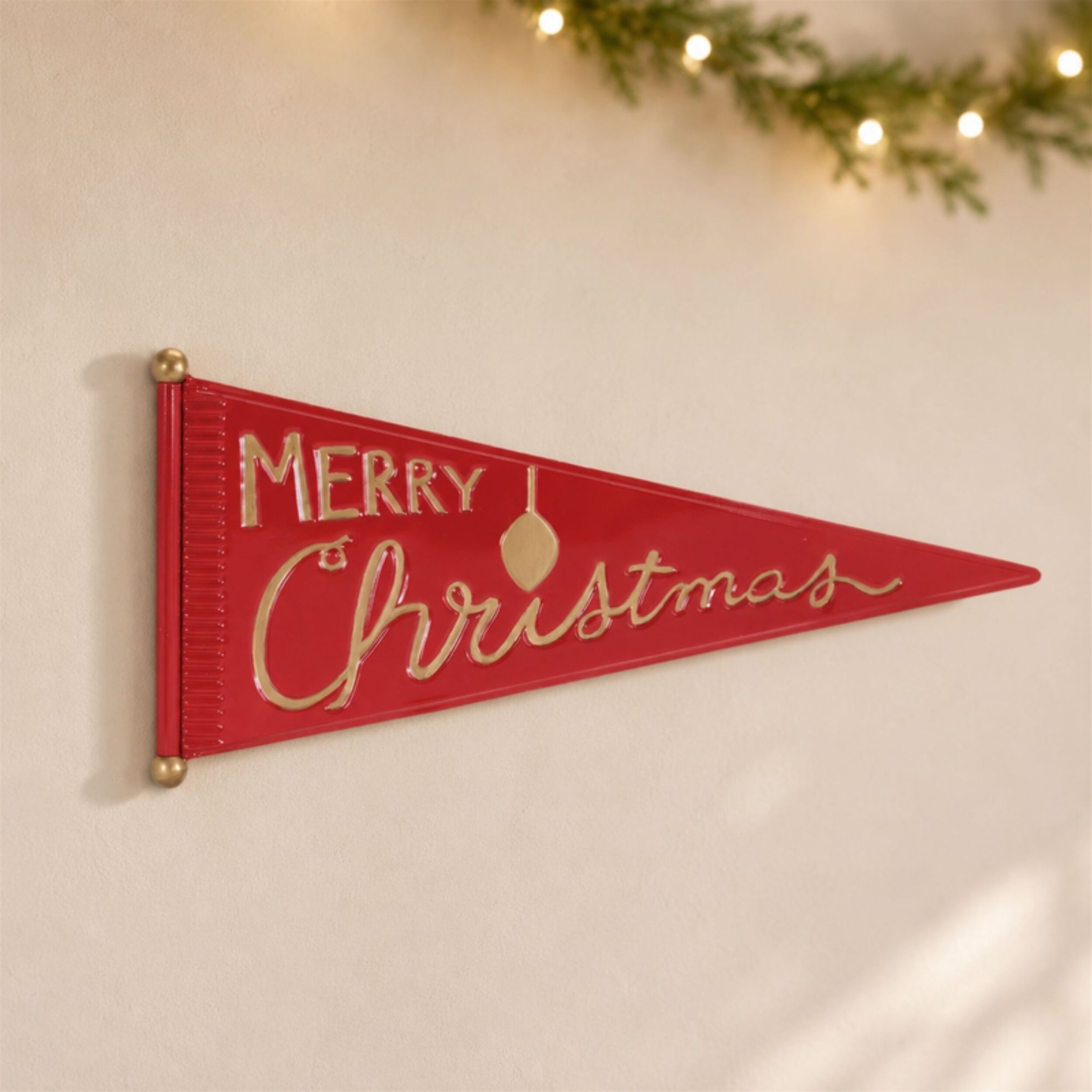 Merry Christmas Metal Pennant Wall Sign 25 inchesL, RED GOLD, alternate image number 2