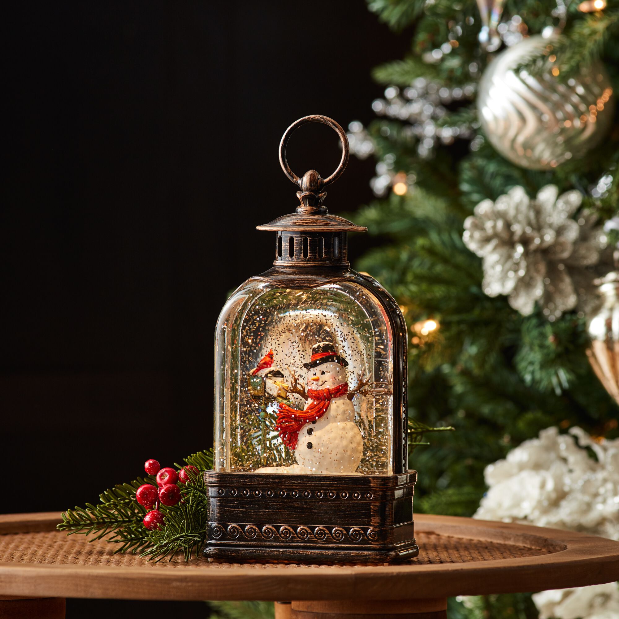 LED Snow Globe with Snowman and Cardinals 9.75 inchesH, BRONZE RED WHITE, alternate image number 1