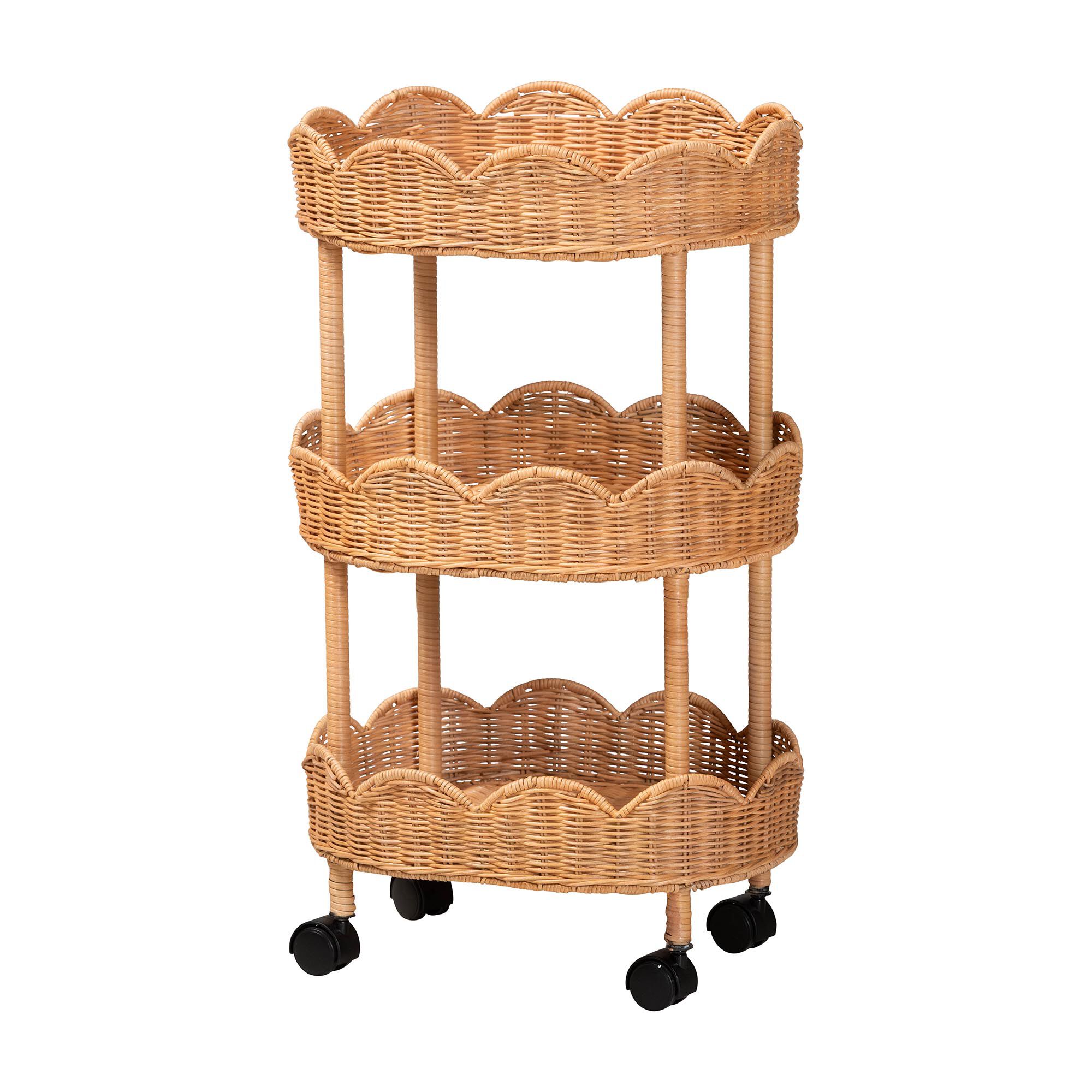 Bulana Natural Rattan 3-Tier Rolling Storage Cart, HONEY, alternate image number 2