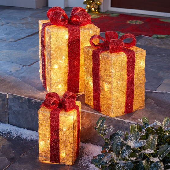 Pre-Lit Gift Boxes, Set of 3, RED GOLD, hi-res image number null