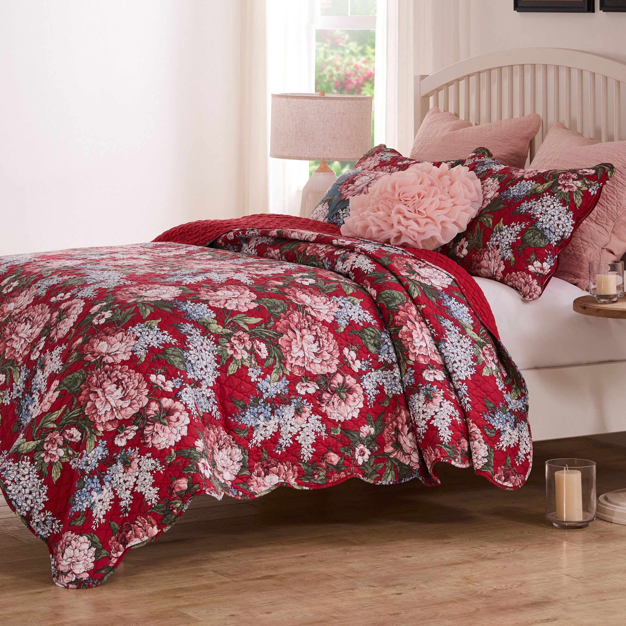 Greenland Home Fashions Millie Finely Stitched Floral Quilt Set, 3-Piece King/Cal King, Garnet, GARNET, alternate image number 2