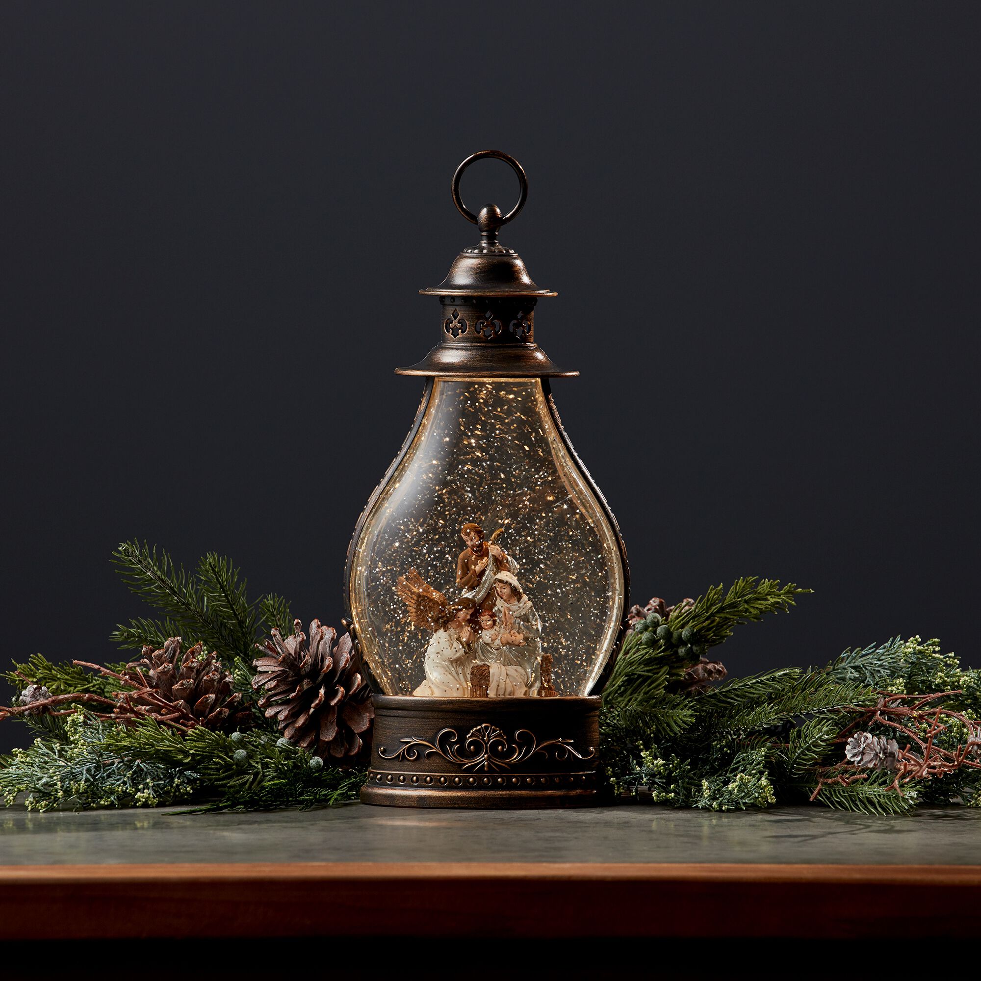LED Snow Globe Lantern with Holy Family Nativity Scene 15.5 inchesH, BRONZE WHITE GOLD, alternate image number 1