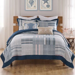Voyage Nautical Navy Stripes Patchwork Quilt Set