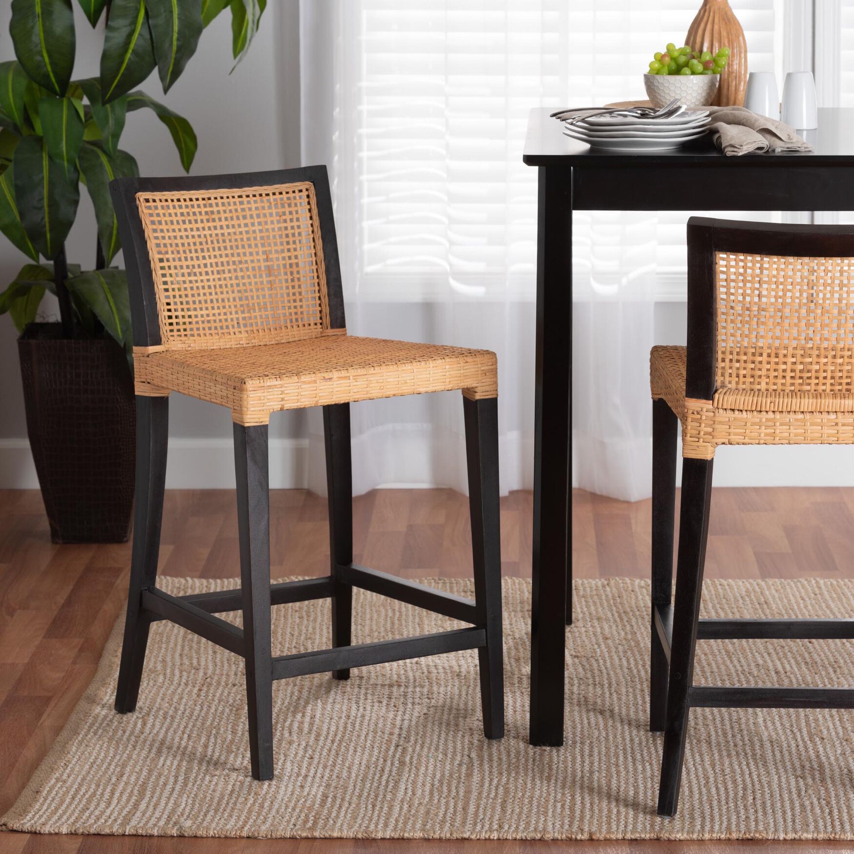 Lingga Modern Bohemian Dark Brown Mahogany Wood And Natural Rattan Counter Stool, , alternate image number 7