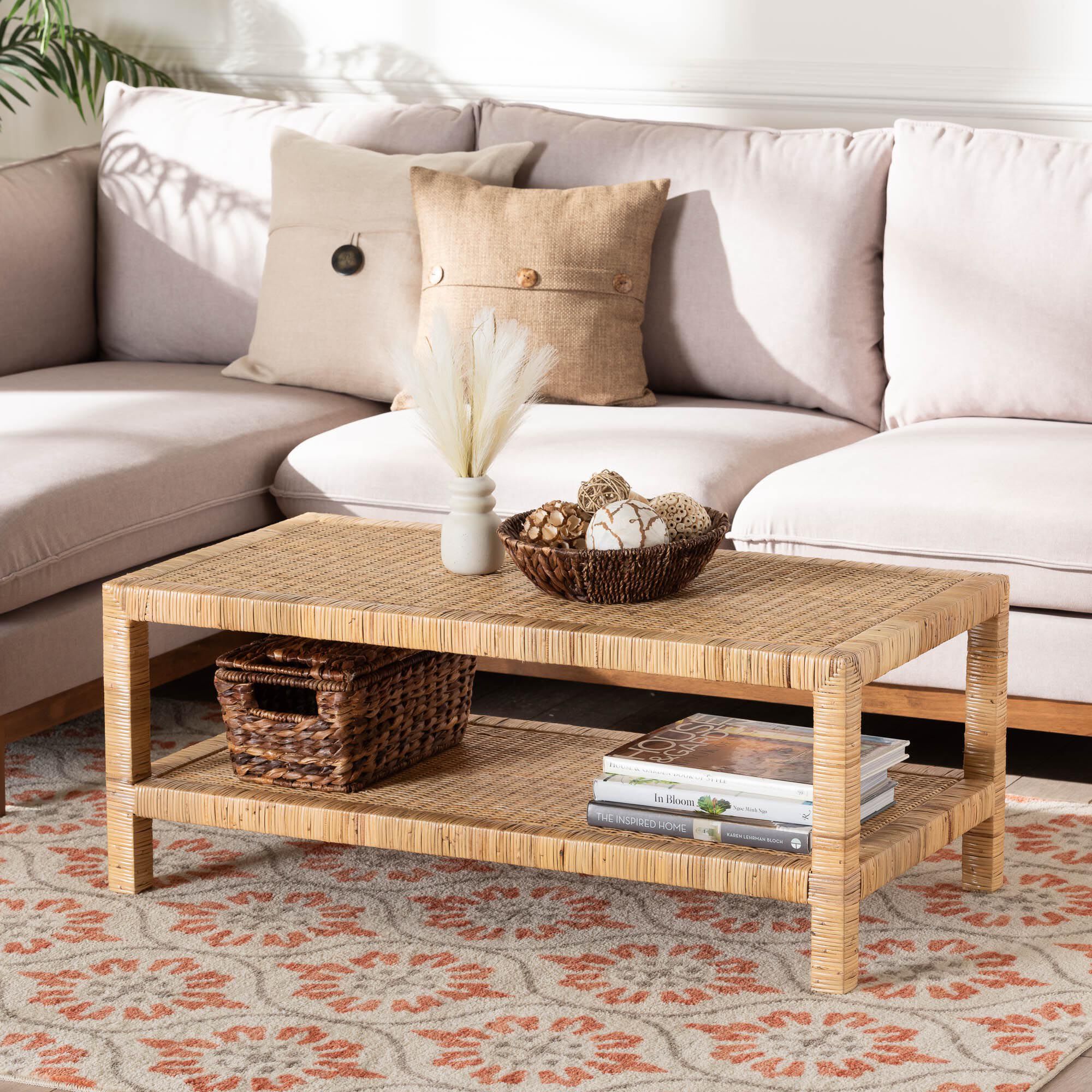 Kalimantan Bohemian Light Honey Rattan and Mahogany Wood Rectangle Coffee Table, LIGHT, hi-res image number 0