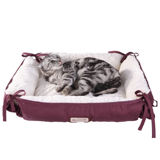 2-In-1 Cat Pet Bed & Fleece Mat, Burgundy/Ivory, , alternate image number null