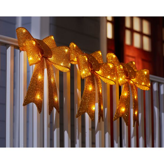 Pre-Lit Tinsel Bows, Set of 3, GOLD, hi-res image number null