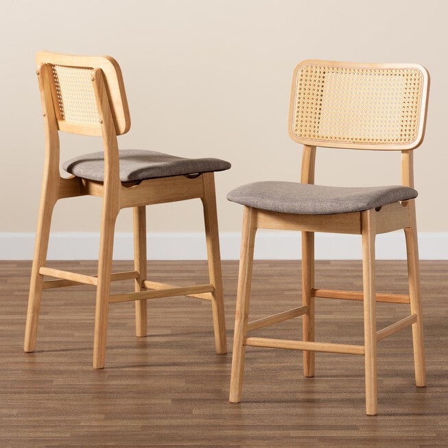 Dannon Mid-Century Modern Grey Fabric And Walnut Brown Finished Wood 2-Piece Counter Stool Set, , alternate image number null