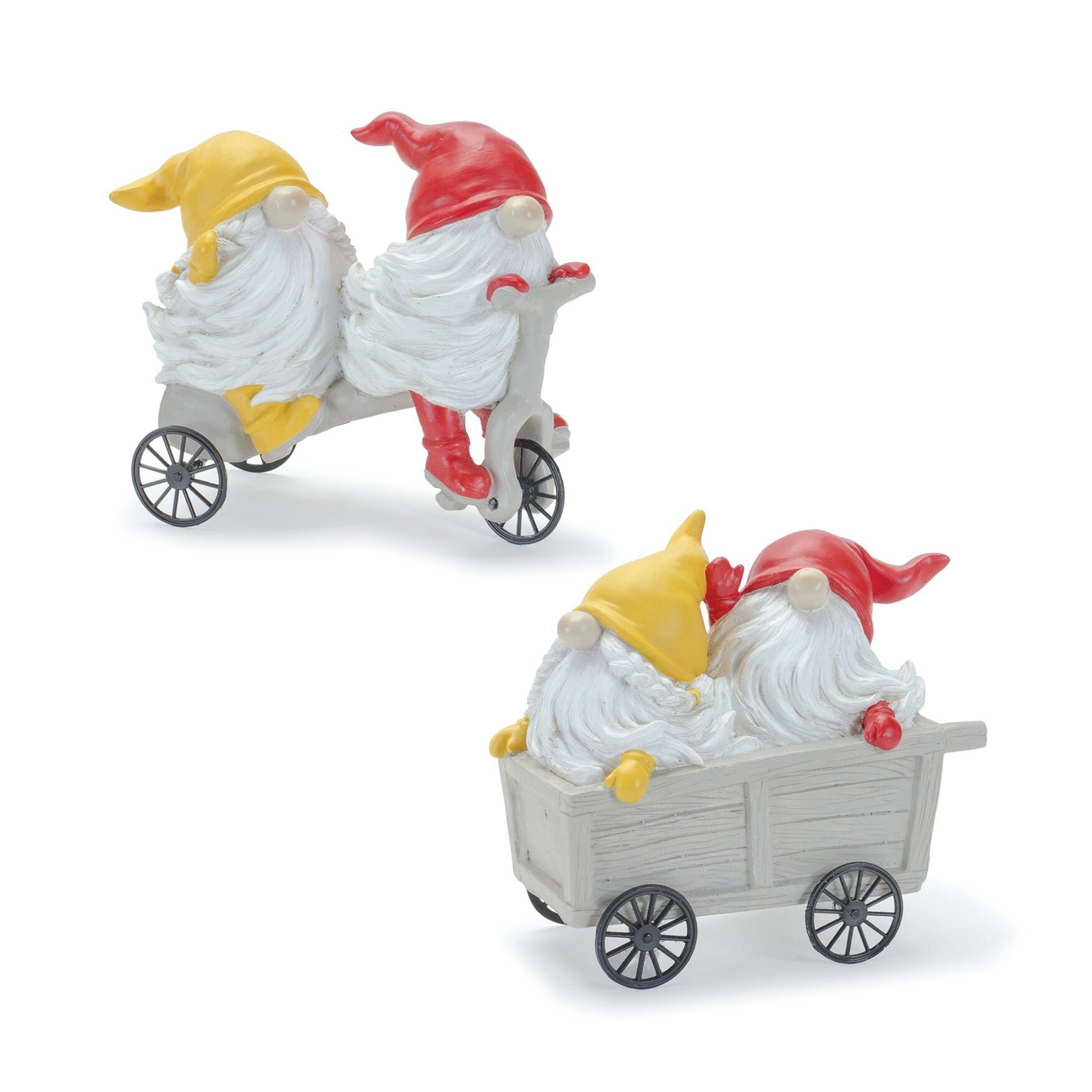 Whimsical Garden Gnome Figurine Riding A Scooter And Wheelbarrow (Set Of 2), YELLOW, hi-res image number 0