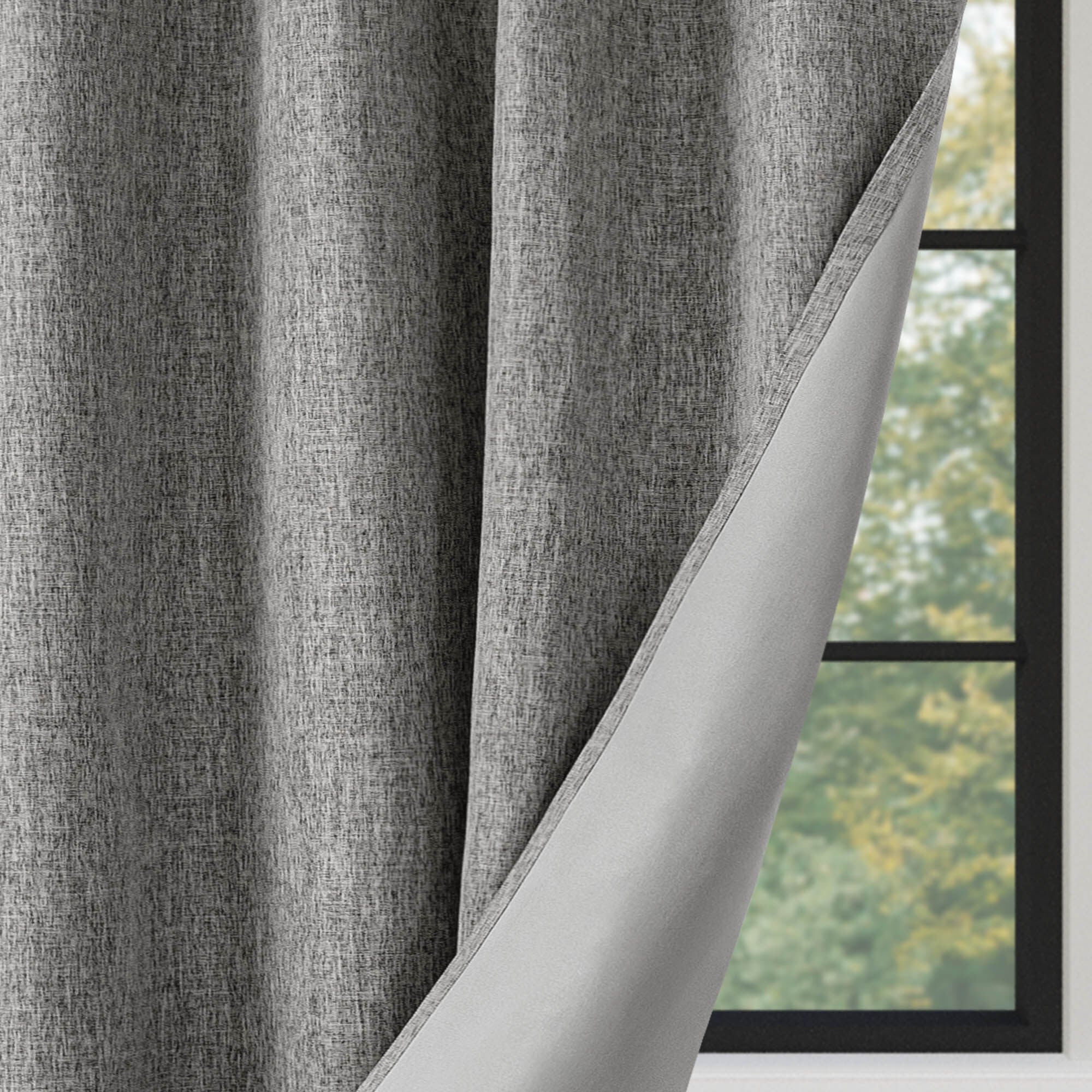 Linen Texture 100% Blackout Grommet Pair, HEATHER DARK GREY, on-hover image number 1