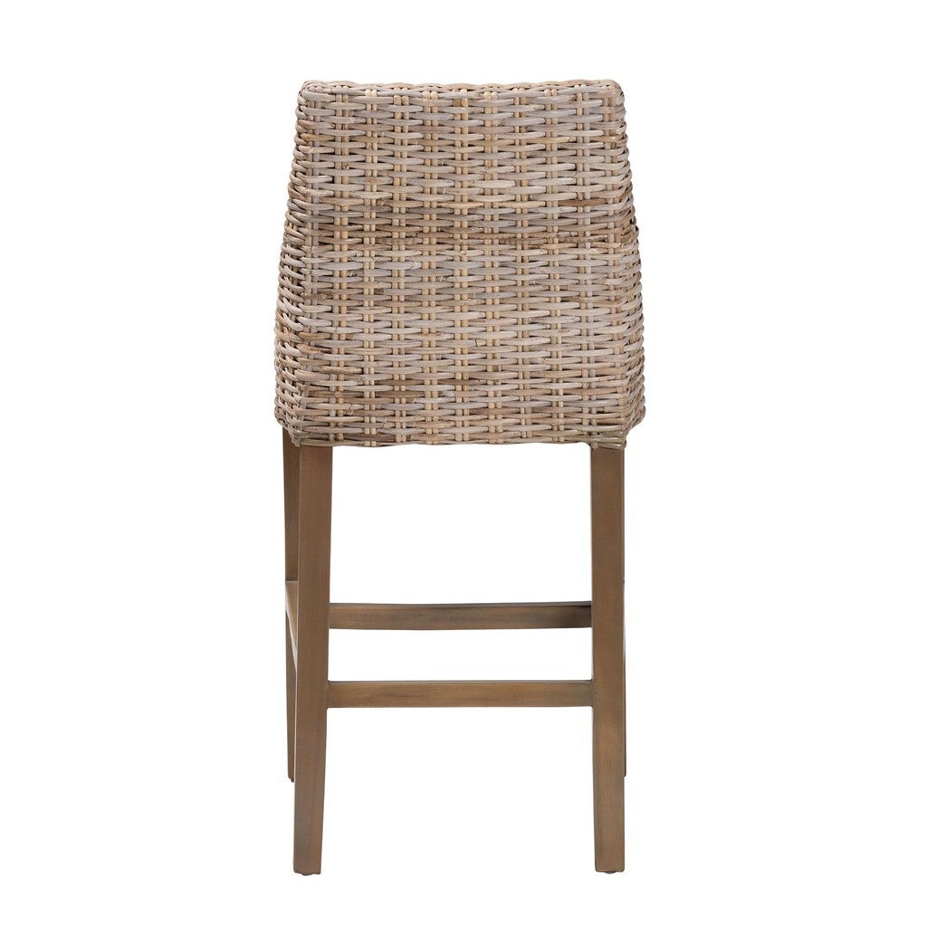 Back view of woven rattan bar stool showing backrest and legs