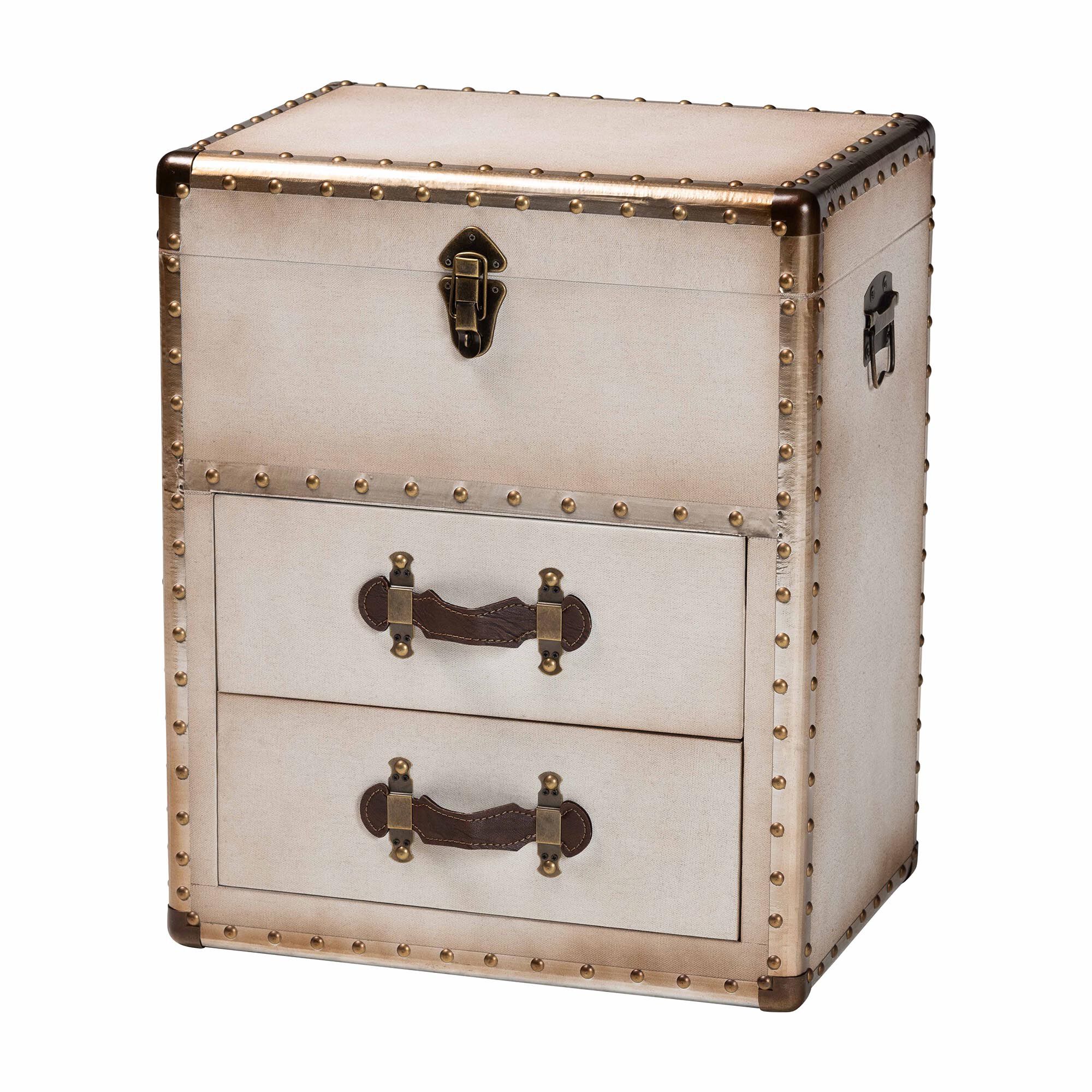 Agatha Vintage Coffee Canvas 2-Drawer Storage Trunk, BEIGE, alternate image number 1