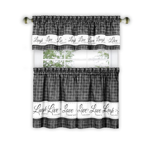 Live, Love, Laugh Window Curtain Tier Pair and Valance Set - 58x36, CHARCOAL, hi-res image number 0