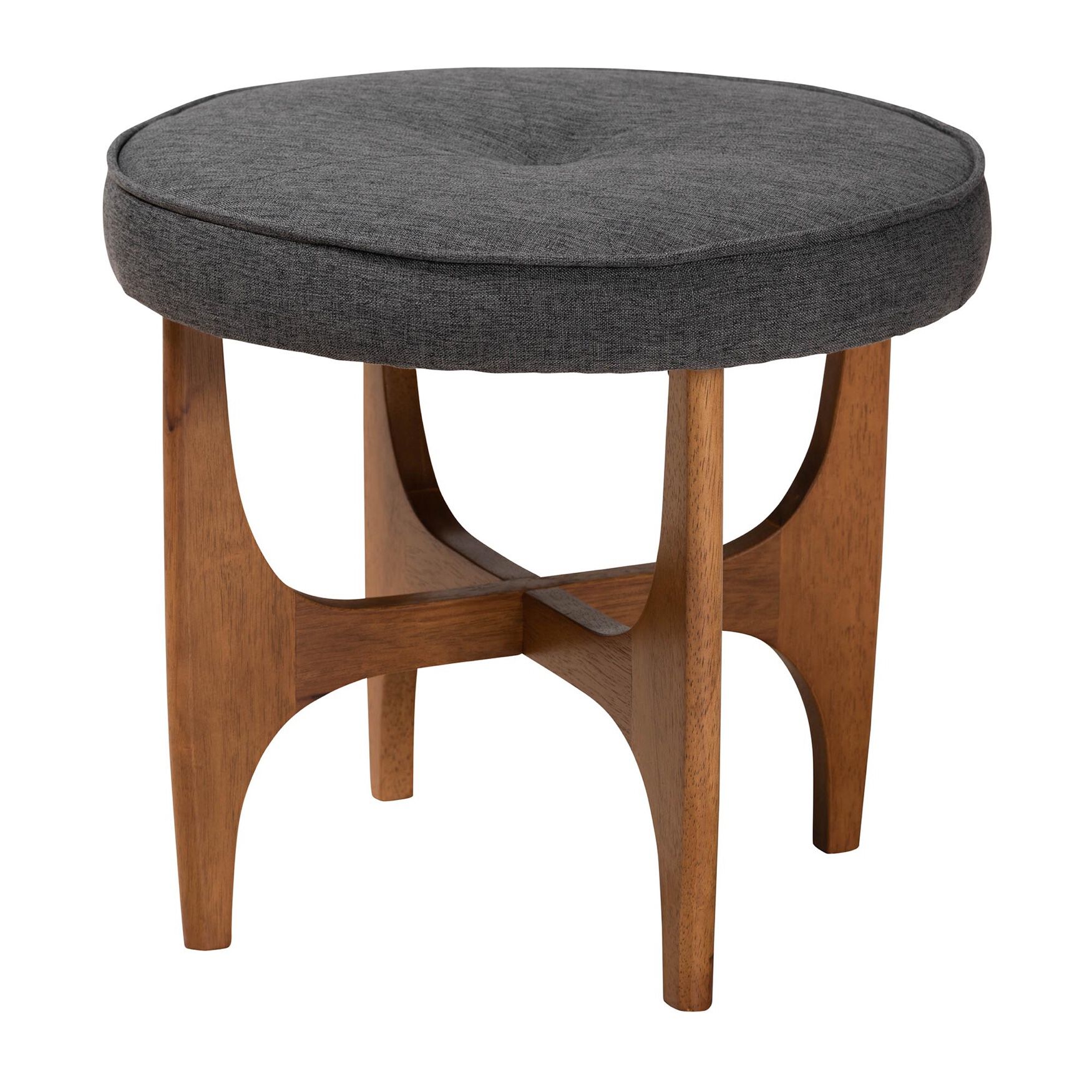 Theo Japandi Dark Grey Fabric And Walnut Brown Finished Wood Ottoman Footstool, DARK GREY WALNUT BROWN, hi-res image number 0