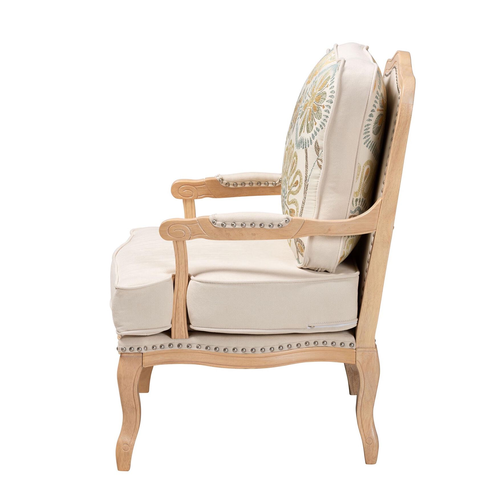 Andre Traditional French Quilted Fabric And Whitewash Finished Wood Accent Chair, , alternate image number 2
