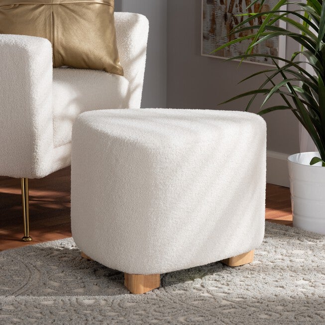 Brielle Modern And Contemporary Ivory Boucle Upholstered And Natural Brown Finished Wood Ottoman, , alternate image number null