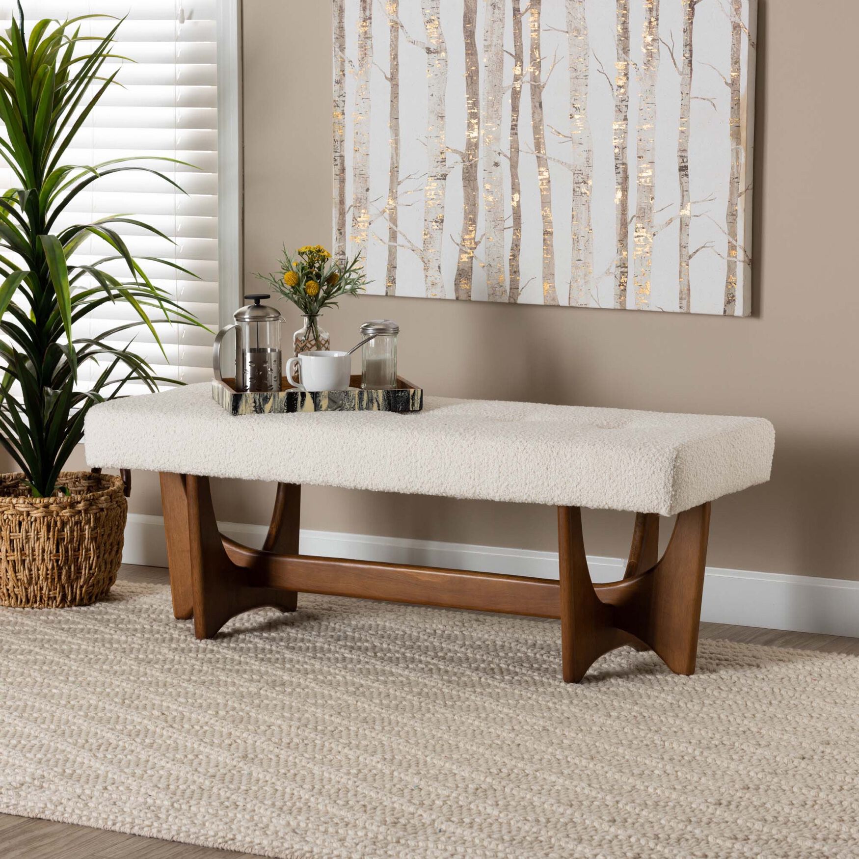 Theo Japandi Cream Boucle Fabric And Walnut Brown Finished Wood Bench, , alternate image number 4