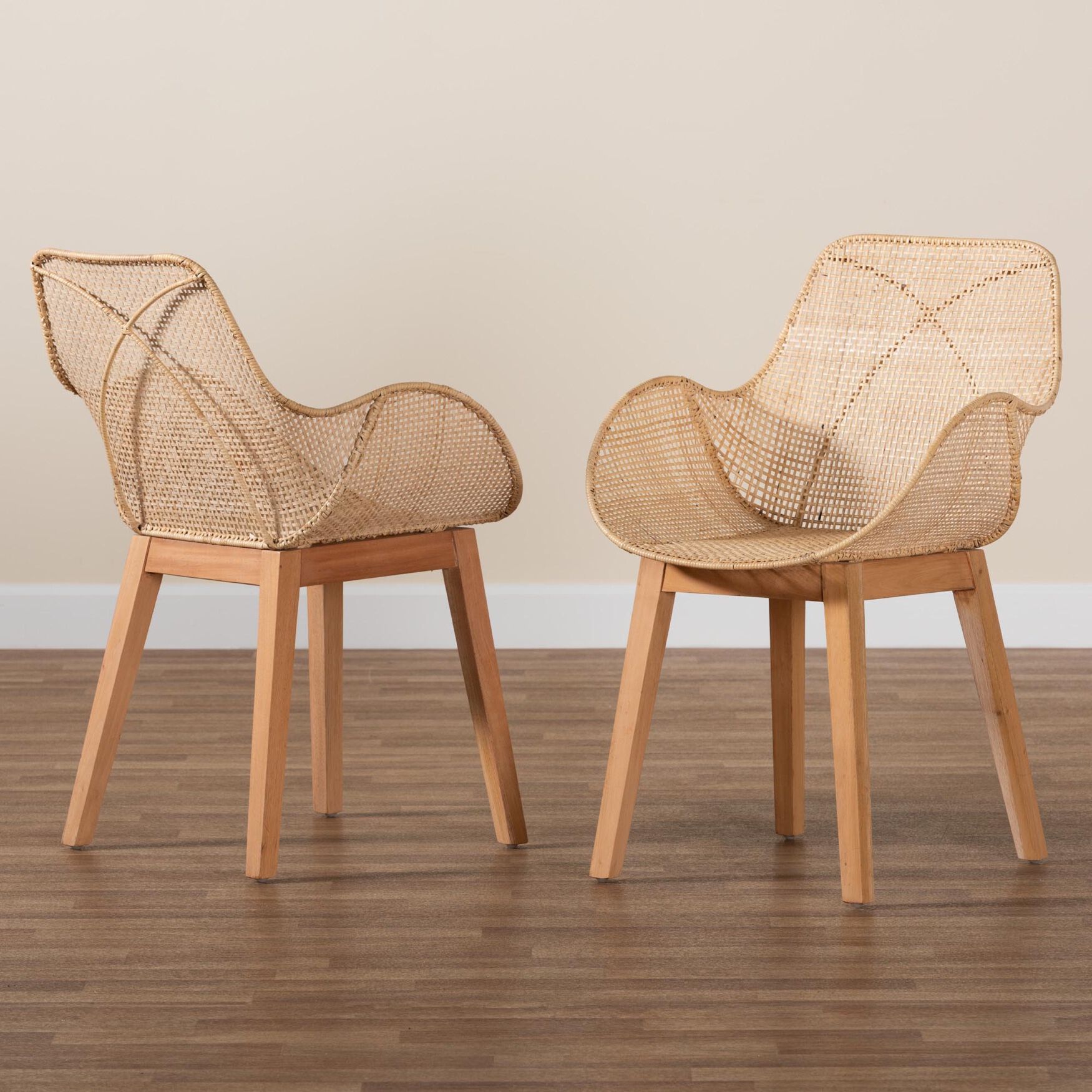Ballerina Japandi Natural Brown Finished Mahogany Wood and Rattan 2-Piece Dining Chair Set, , alternate image number 13