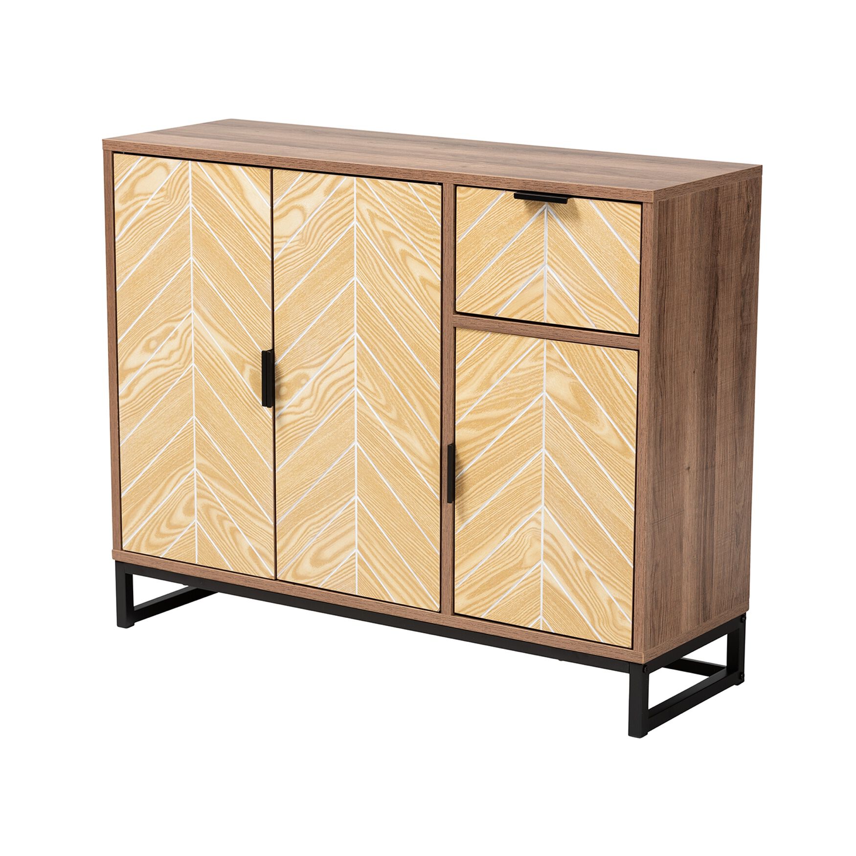 Josephine Mid-Century Modern Transitional Two-Tone Walnut And Natural Brown Finished Wood And Black Metal 3-Door Sideboard, BROWN WHITE BLACK, hi-res image number 0