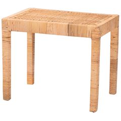 Abelia Modern Bohemian Natural Rattan And Mahogany Wood Short Accent Bench