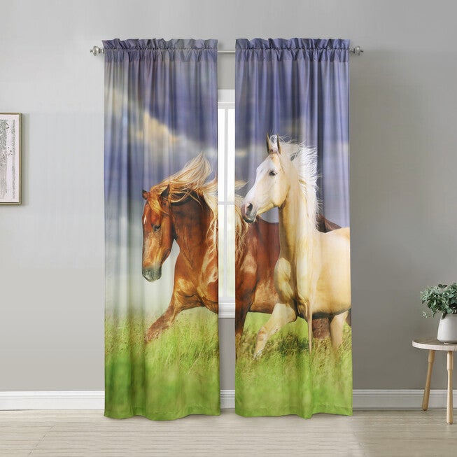 Photo Real Horses Light Filtering Pole Top Curtain Panel Pair, MULTI, hi-res image number null