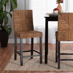 Laymi Modern Bohemian Dark Brown Mahogany Wood and Seagrass Counter Stool