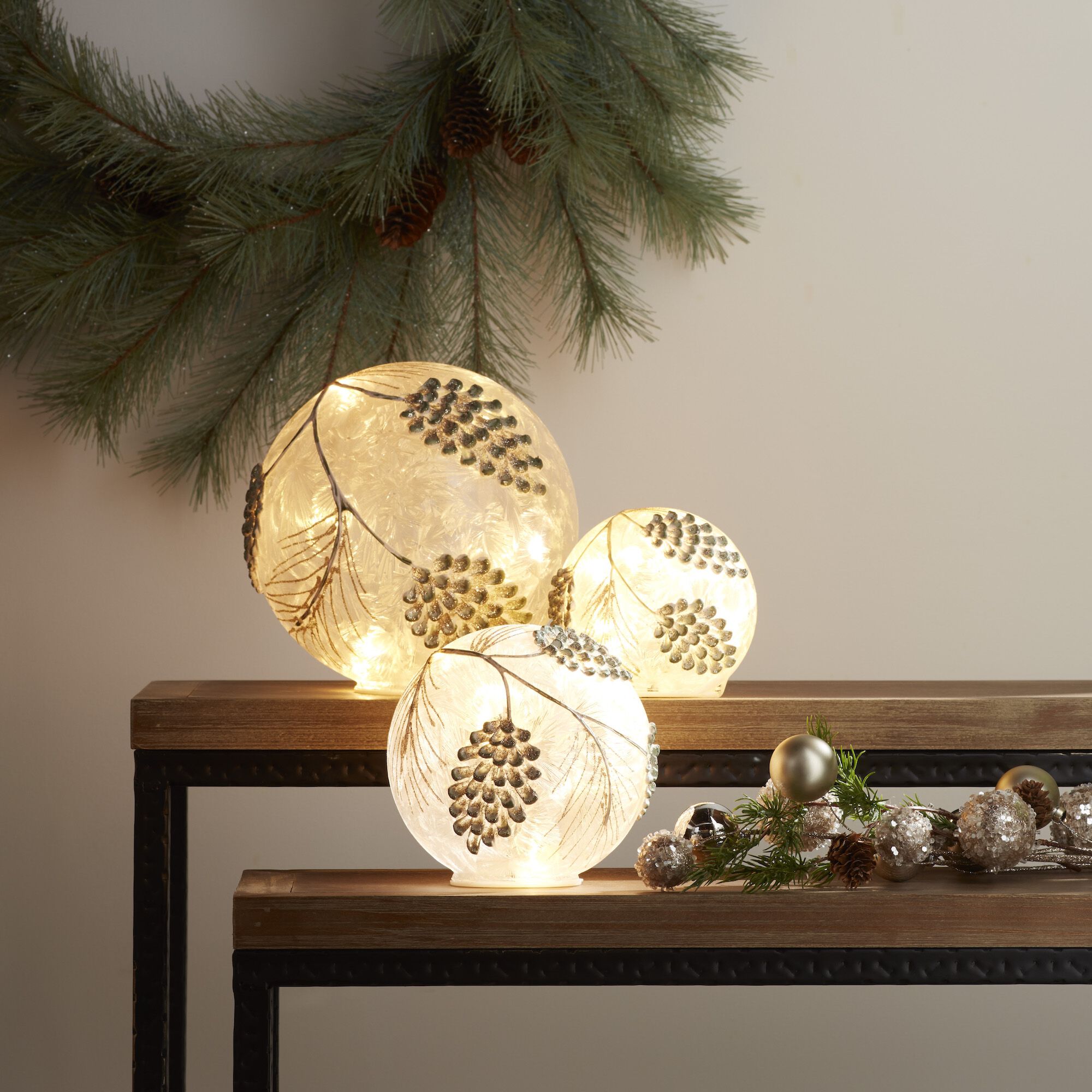 LED Frosted Gold Pinecone Orb (Set of 3), WHITE GOLD, alternate image number 2