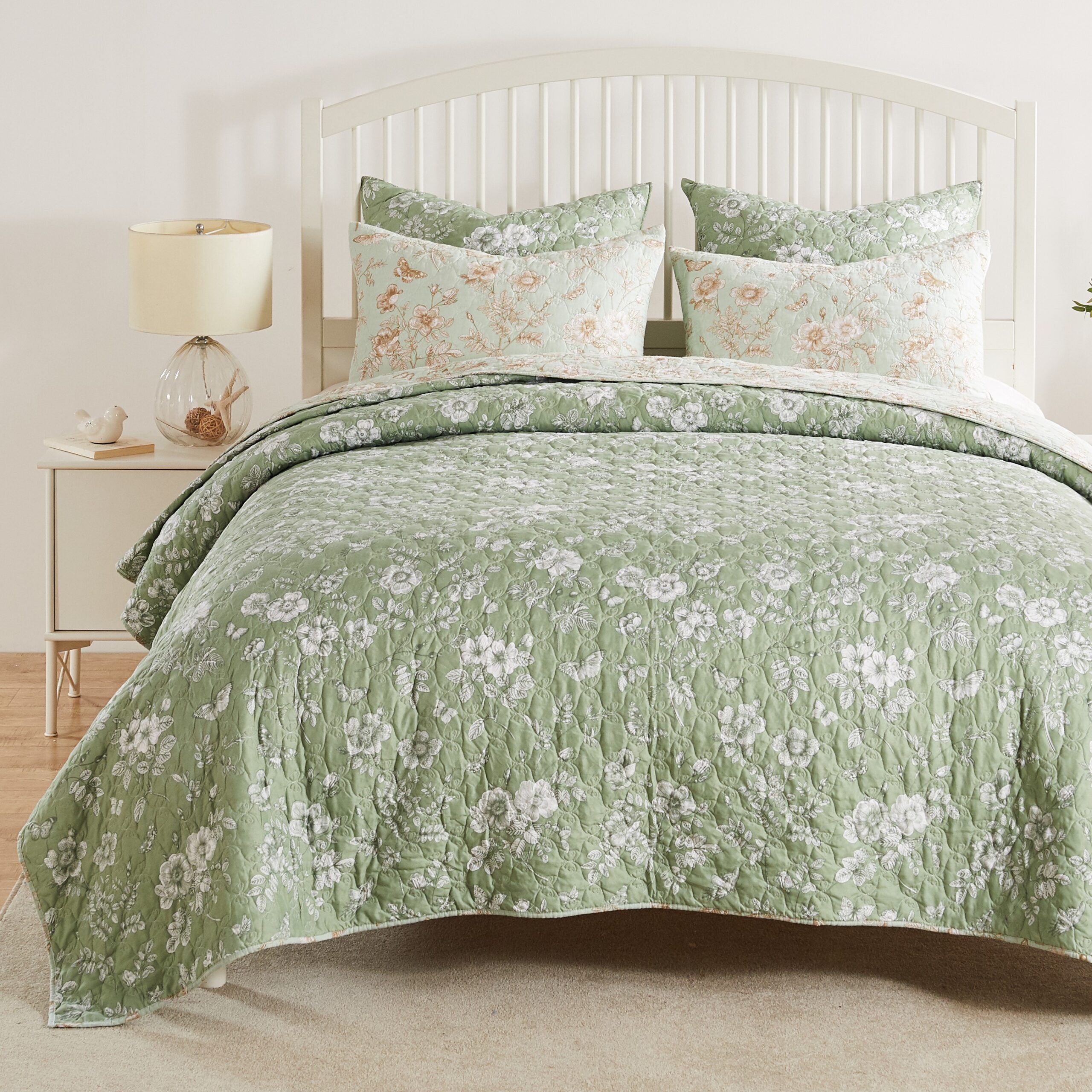 Greenland Home Fashions Olivia Finely Stitched Reversible Modern  Floral Quilt Set, 2-Piece Twin/XL, Mint, MINT, alternate image number 2