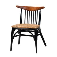 Parthenia Mid-Century Modern Two-Tone Black And Walnut Brown Finished Mahogany Wood And Natural Ratt