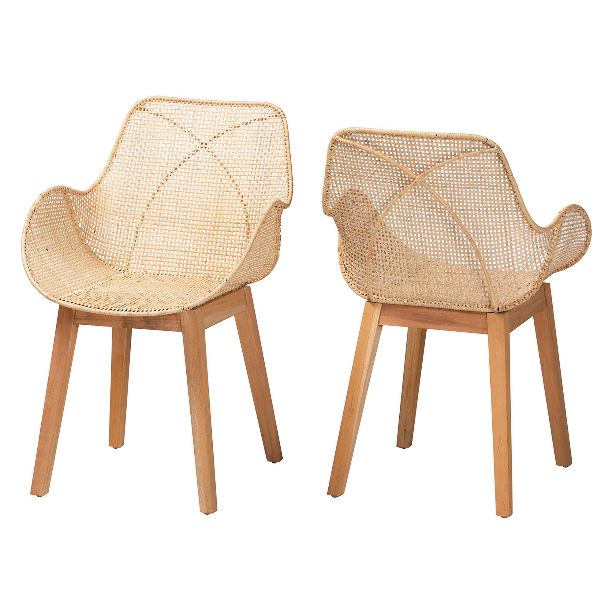 Ballerina Japandi Natural Brown Finished Mahogany Wood and Rattan 2-Piece Dining Chair Set, NATURAL BROWN, alternate image number 2