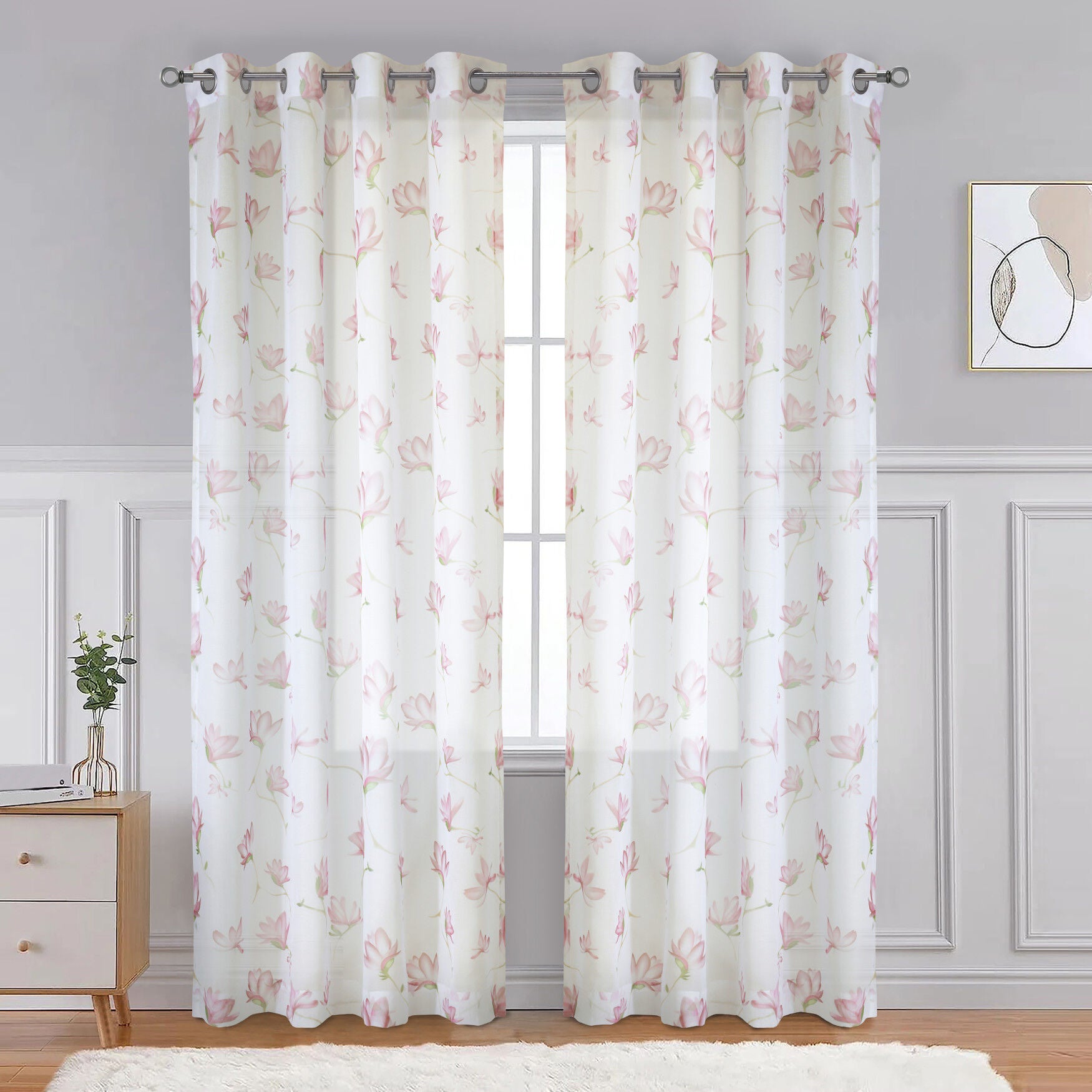 Magnolia Light Filtering Grommet Curtain Panel, WHITE PINK, hi-res image number 0
