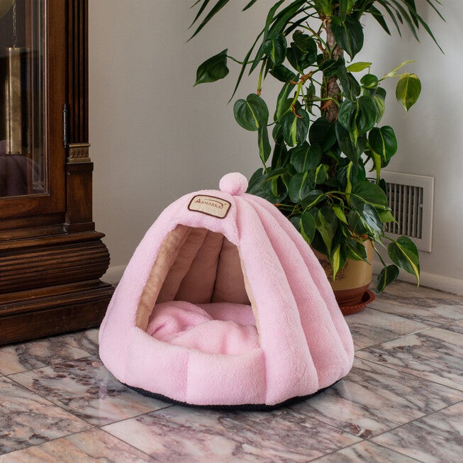 Plush Faux Fleece Cave Cat dog Bed, Soft PInk, , on-hover image number 1