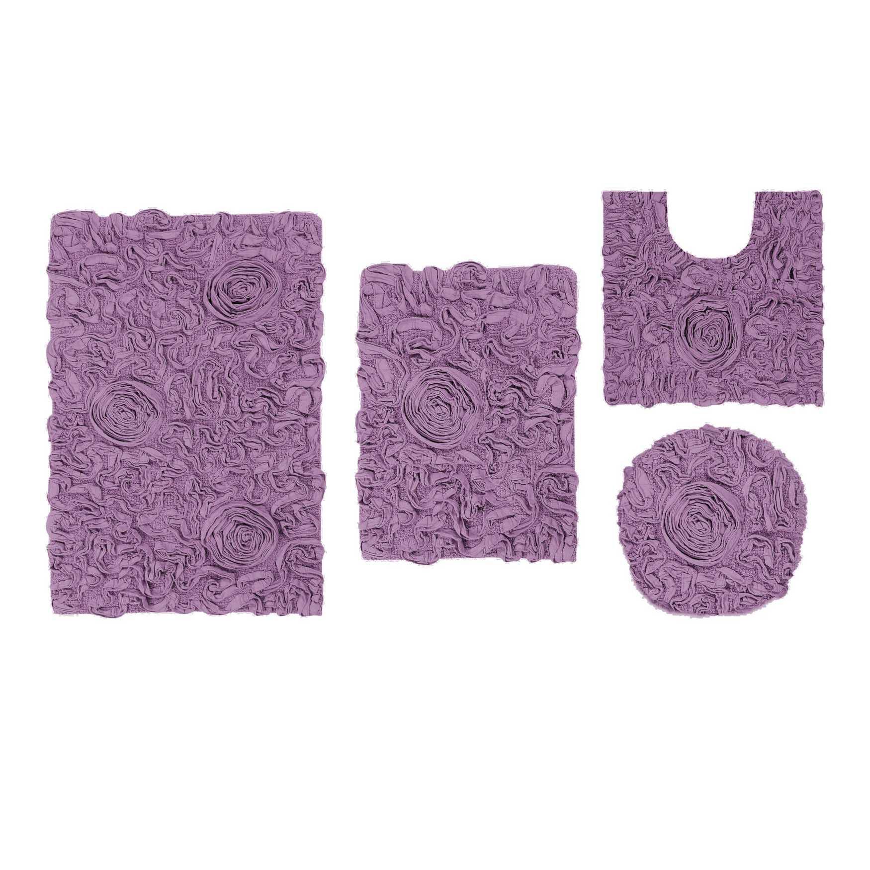 Bell Flower 4 Piece Set Bath Rug Collection, PURPLE, hi-res image number 0
