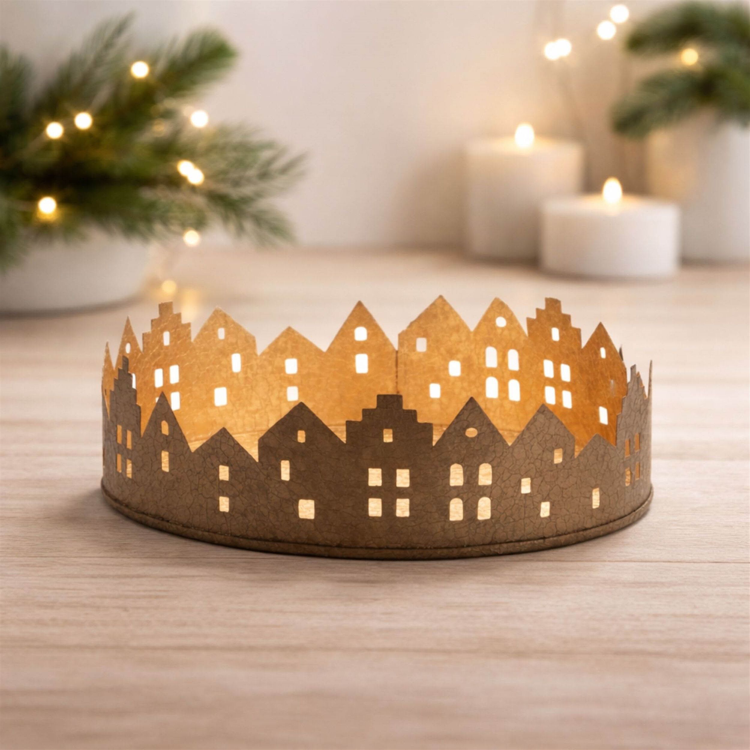 Cut Metal Village Candle Holder 9.75 inchesD, GOLD, alternate image number 2