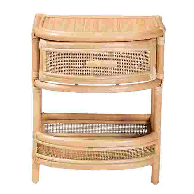 Natural rattan nightstand with a drawer and open shelf.