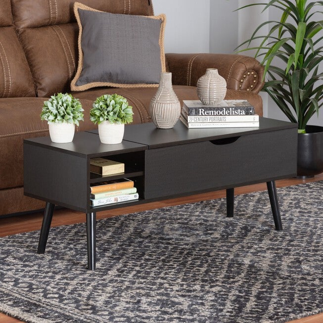 Roden Modern Two-Tone Black And Espresso Brown Finished Wood Coffee Table With Lift-Top Storage Compartment, , alternate image number null