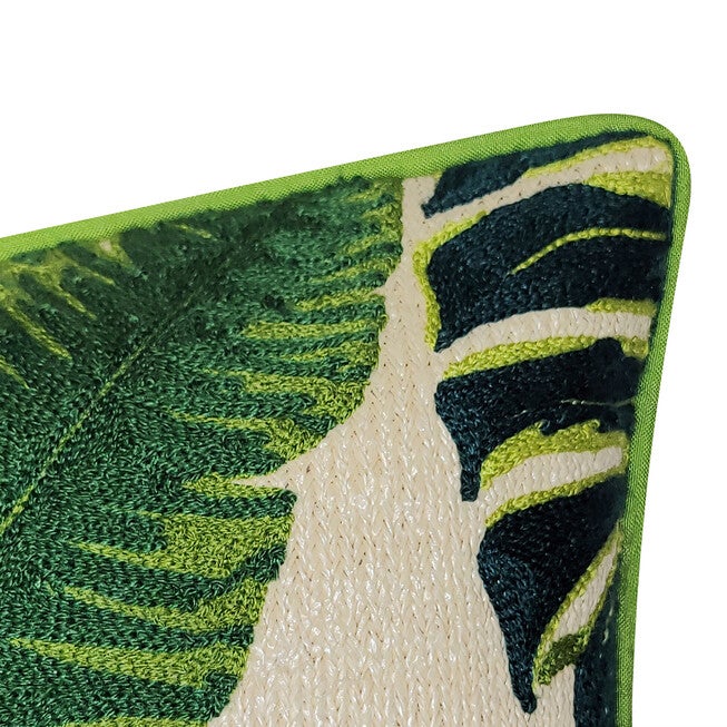New York Botanical Garden® Indoor/Outdoor Raffia Embroidered Leaves Decorative Throw Pillow 12X20, Green Multi, , alternate image number null