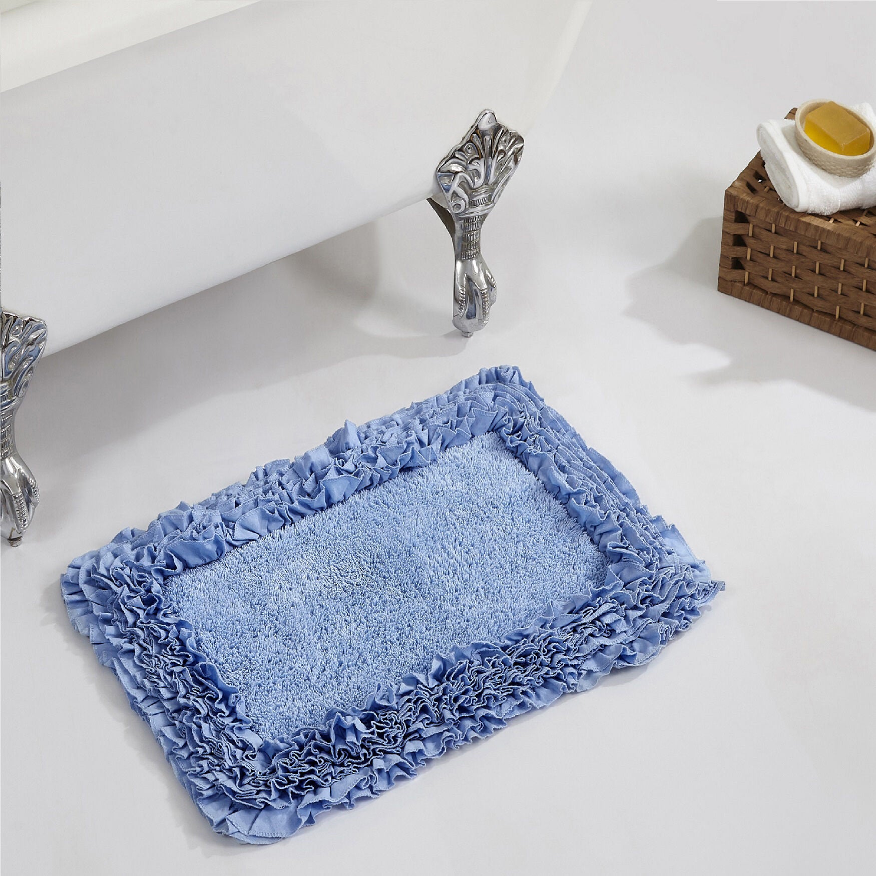 Shaggy Border Bath Rug Mat, 17 inches X 24 inches, BLUE, hi-res image number 0