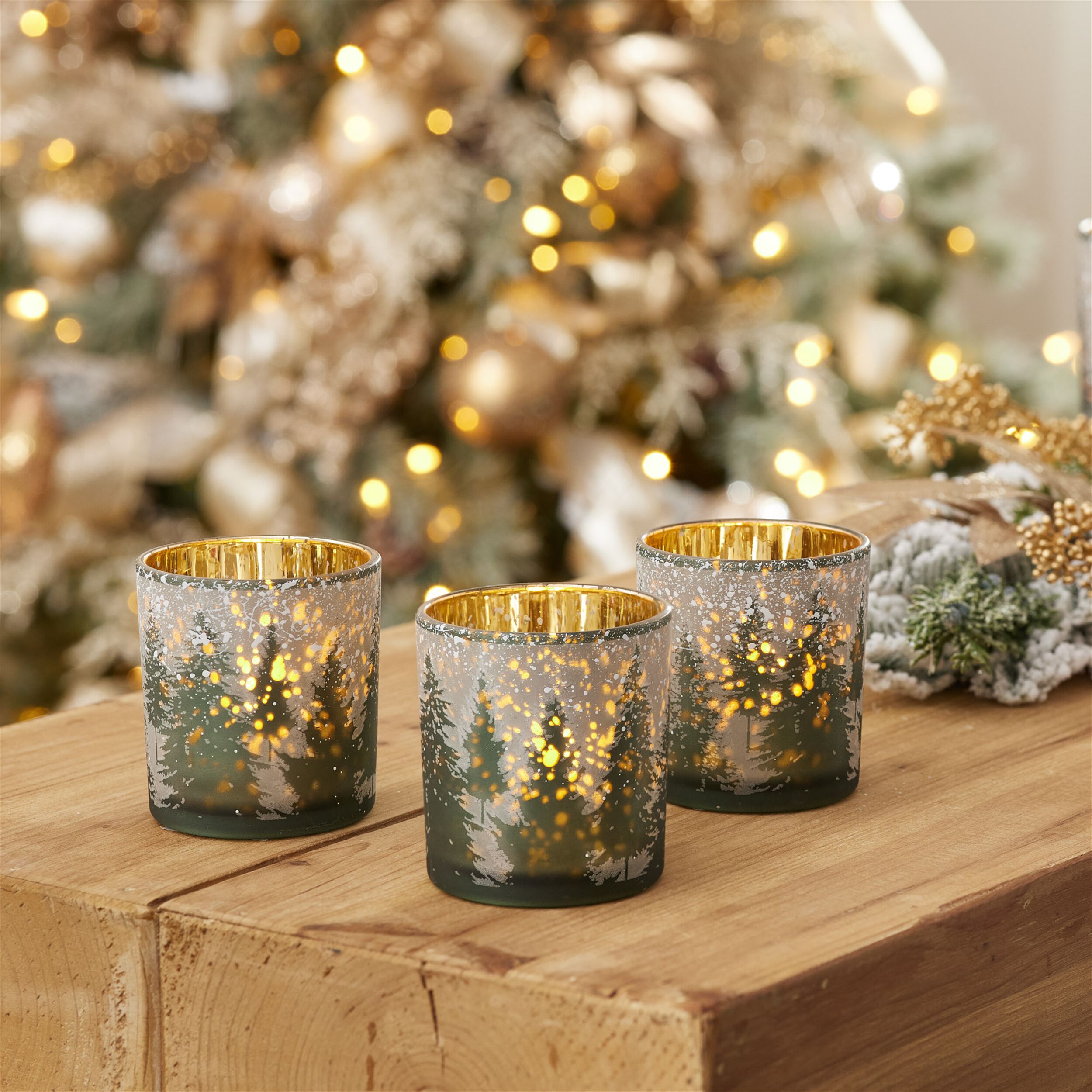 Frosted Pine Mercury Glass Candle Holder (Set of 3), GREEN GREY GOLD, alternate image number 3
