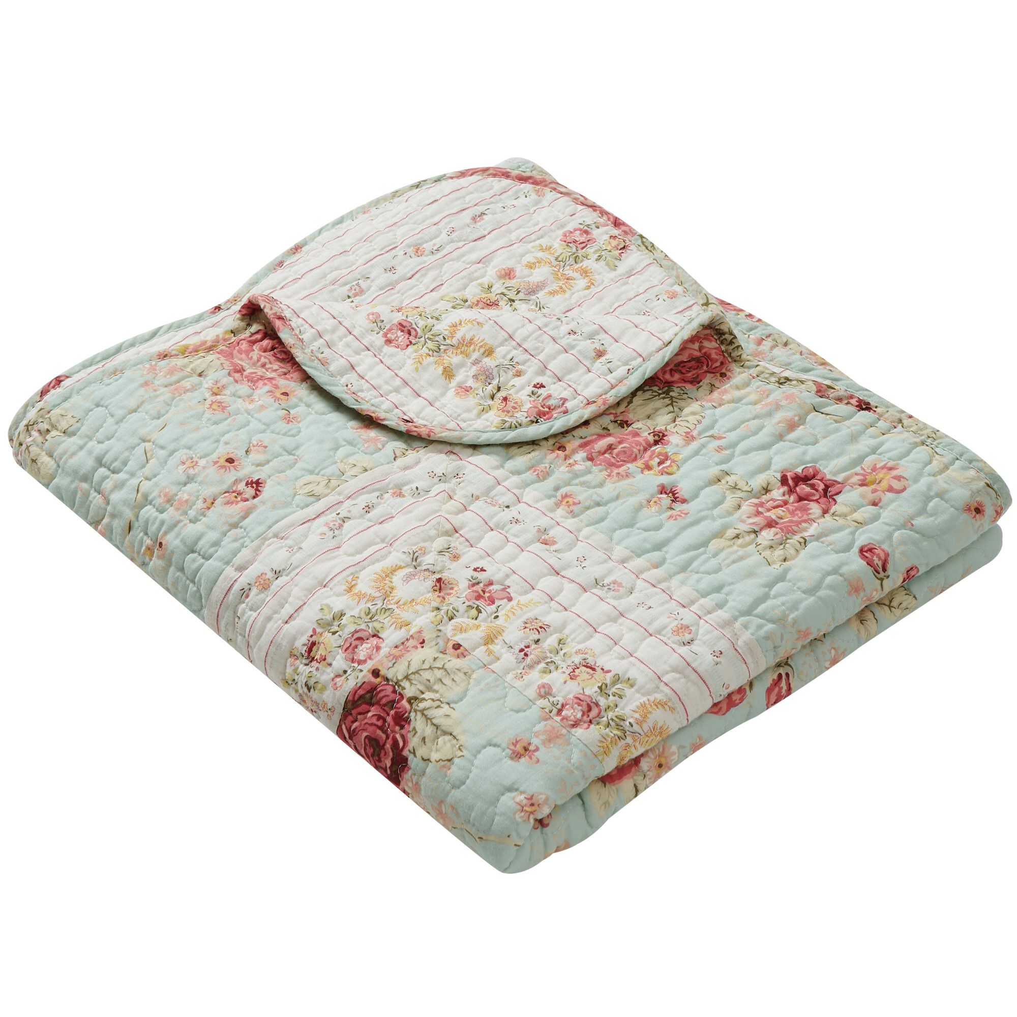 Antique Rose Vintage Floral Quilted Throw Blanket, Ecru, BLUE, alternate image number 2