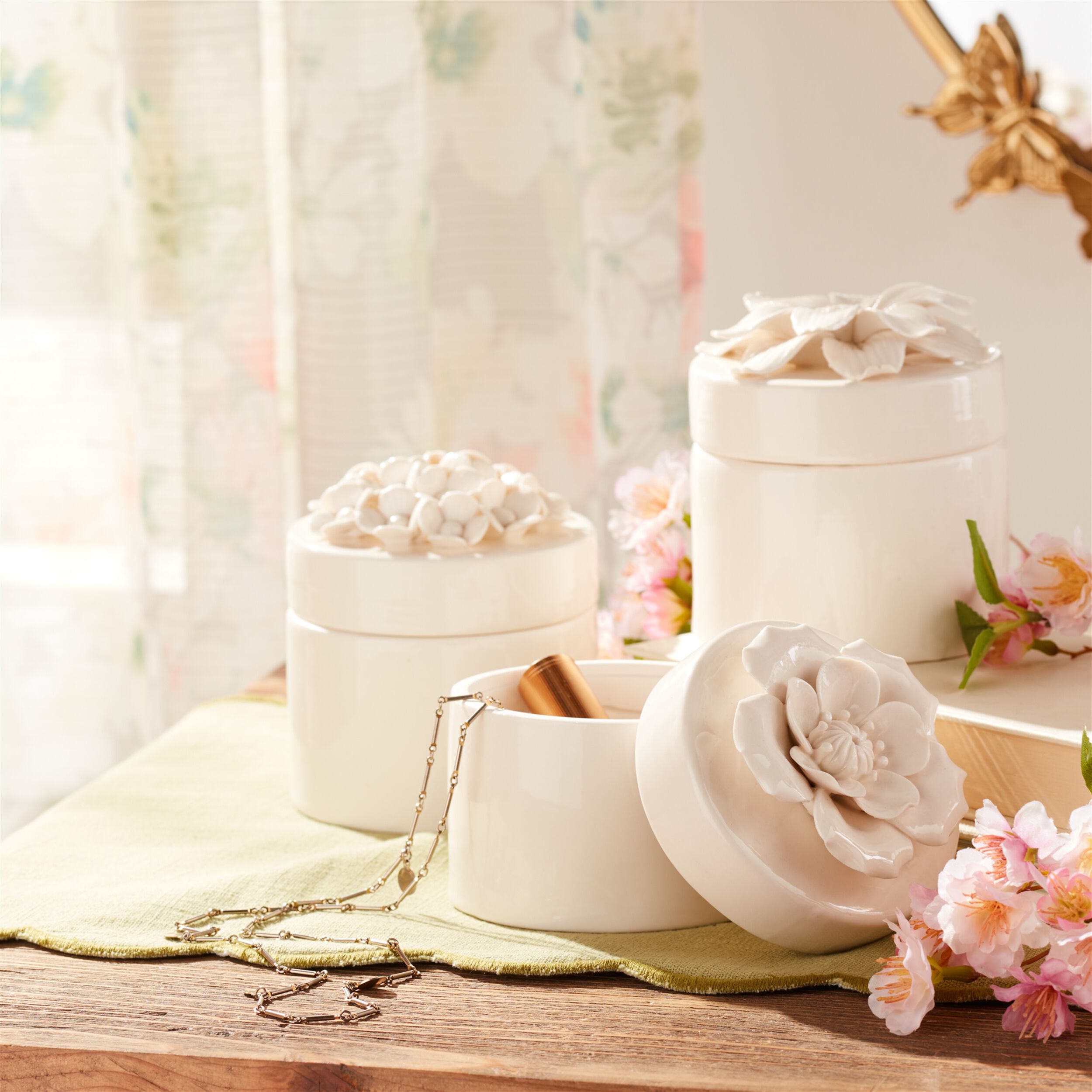 Stoneware Box with Floral Lid Accent Set of 3, WHITE, alternate image number 1