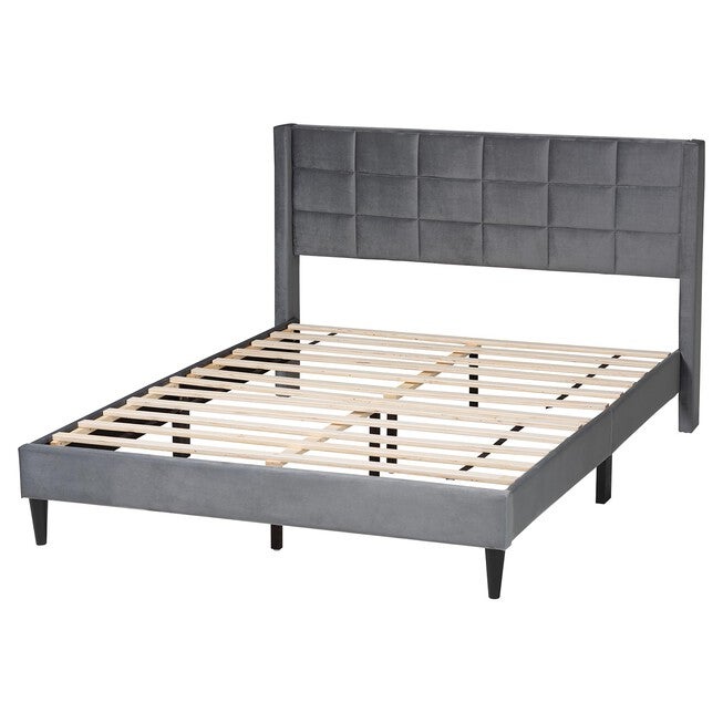 Baxton Studio Payne Modern Glam Grey Velvet and Dark Brown Wood Queen Bed, GREY, alternate image number 3
