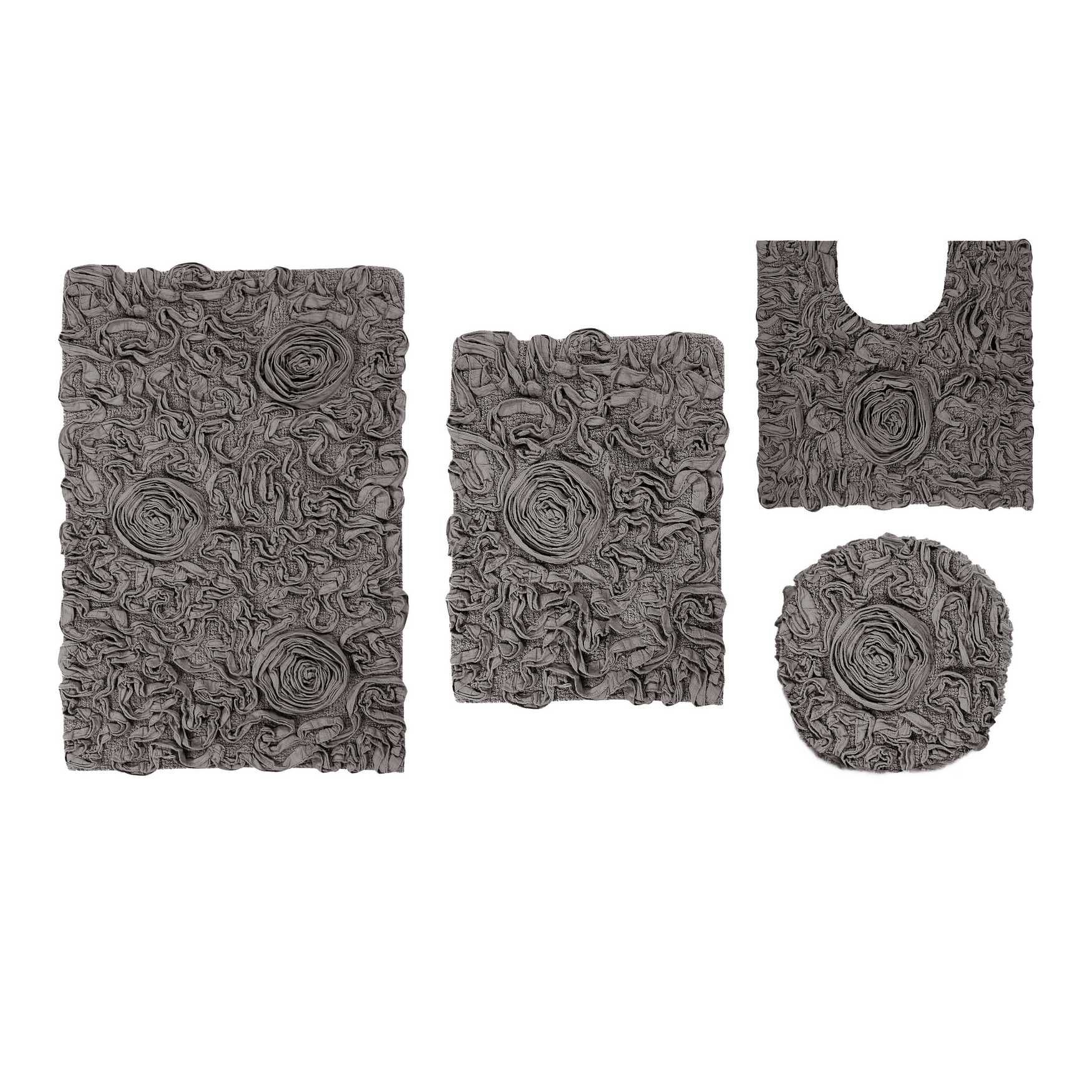 Bell Flower 4 Piece Set Bath Rug Collection, GREY, hi-res image number 0
