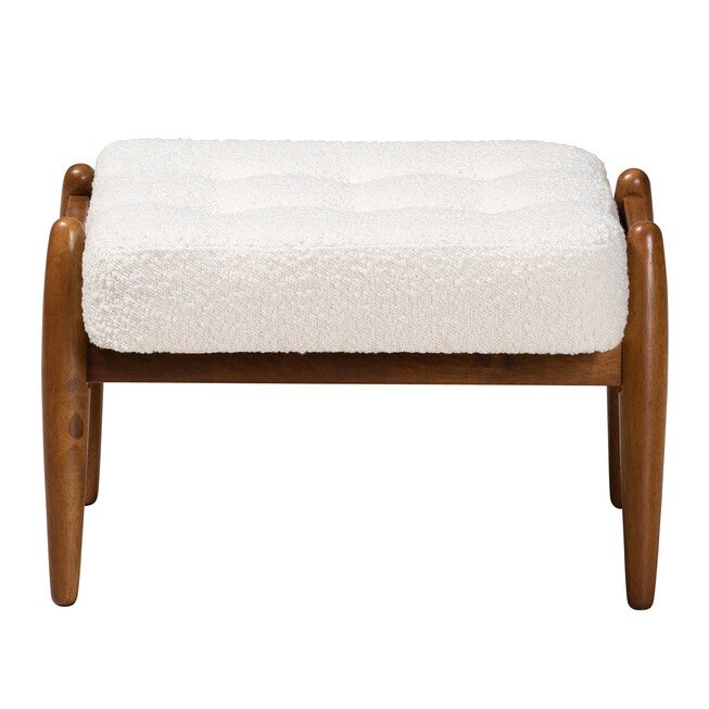 Jeanine Japandi Cream Boucle Fabric And Walnut Brown Finished Rubberwood Ottoman Footstool, , on-hover image number null